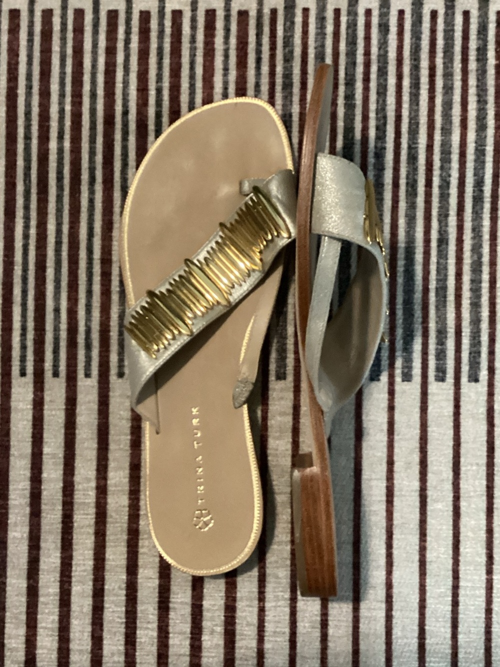Trina Turk Silver Slide Sandals with Gold Accents